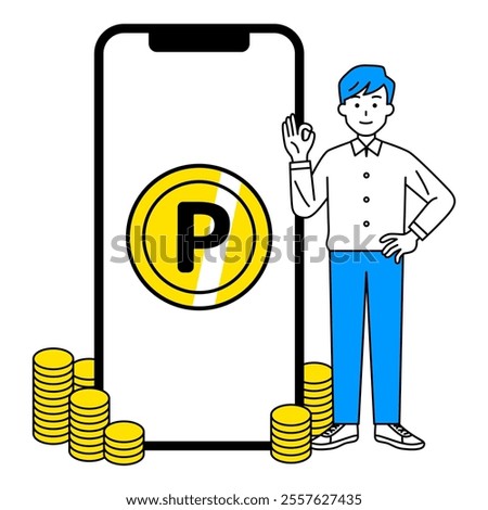 Casual man getting lots of points on his smartphone