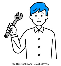 Casual man holding an adjustable wrench