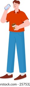 Casual Man Holding Beverages in Red Outfit Illustration