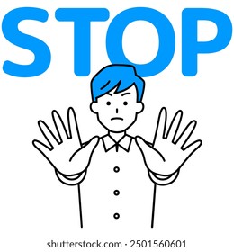 Casual man holding both hands out in front of him and saying STOP