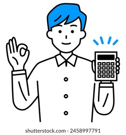 Casual man holding a calculator while giving the OK sign