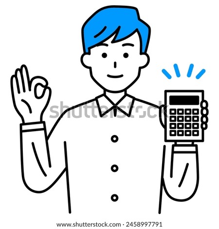 Casual man holding a calculator while giving the OK sign