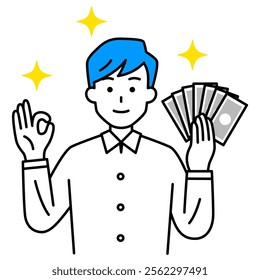 Casual man holding money and making an OK sign