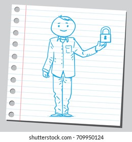 Casual man holding padlock