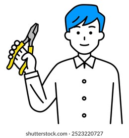 Casual man holding  a pliers