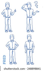 Casual man illustration in different emotions and poses, angry, happy, thoughtful, clueless, hand drawn sketch - Fred part 2