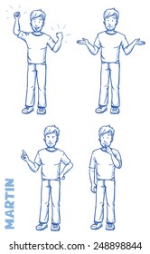 Casual man illustration in different emotions and poses, angry, happy, thoughtful, clueless, hand drawn sketch - Martin part 1