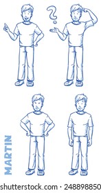 Casual man Illustration in verschiedenen Emotionen und Posen, wütend, glücklich, nachdenklich, ahnungslos, handgezeichnet - Martin Teil 2