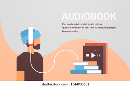 casual man listening audiobook through headphones 