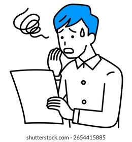 Homem casual olhando documentos e sentindo-se confuso