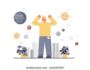 casual man looking on solar system exploration astronomy concept full length horizontal
