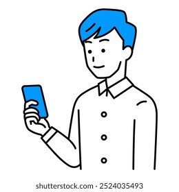 Casual man looking at smartphone screen