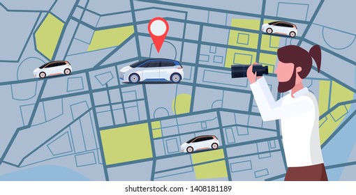 casual man looking through binoculars searching automobile with location pin rent car sharing concept transportation carsharing service city street map background horizontal portrait
