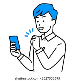 Casual man making a fist pump while looking at her smartphone screen