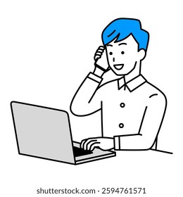 Casual man making a phone call while working on a laptop