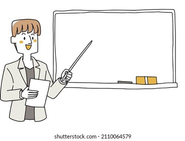 A casual man pointing to the board with a pointer, a school teacher or a cram school teacher, a warm handwritten person