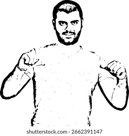 Casual man pointing with both hands to his blank gray t-shirt isolated on white background Sketch vector