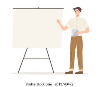 Casual man in presenting gesture with blank board and holding tablet. Concept of meeting, conference, announcement, advertising, teaching, marketing, company. Flat vector illustration character.