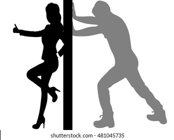 Casual man pushing a wall - isolated over a white background, woman showing thumb up