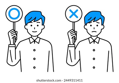 Casual man raising ○× marks