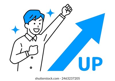 Casual man rejoicing with upward arrow and fist pump