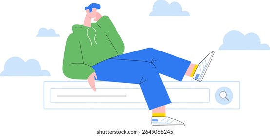 A casual man sits atop a giant search bar surrounded by clouds. This illustration represents online search, digital exploration, finding information, new ideas, and web Browse