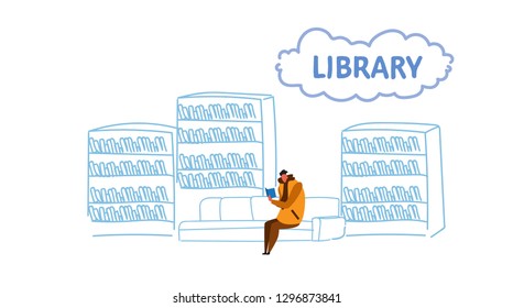 casual man sitting on couch in library student reads book education knowledge concept bookshelf reading room interior male character full length sketch horizontal