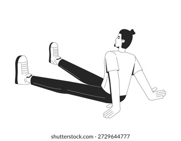 Casual man sitting on ground with relaxed pose 2D line character. Caucasian guy leaning back on arms with legs stretched out isolated vector ink outline person. Monochromatic spot illustration