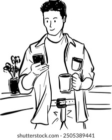Casual man sketch standing on the corner with phone and a glass of coffee with flower vase on white background