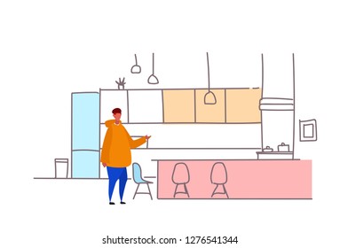 casual man standing modern kitchen interior house room furniture sketch doodle male cartoon character full length horizontal