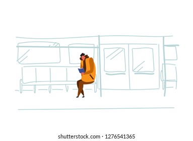 casual man subway passenger sitting metro train reading book interior view public underground city transport concept male cartoon character sketch doodle horizontal