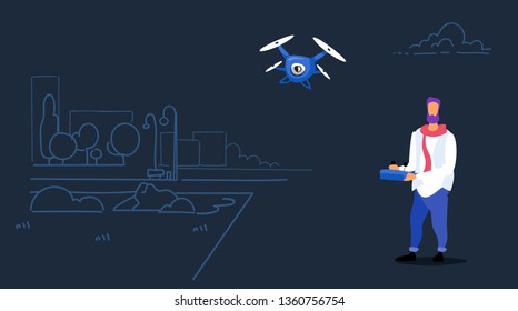 casual man using aerial remote controller playing drone copter guy operating quadcopter outdoor urban park cityscape background horizontal sketch doodle