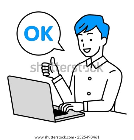 Casual man using a laptop making the OK sign