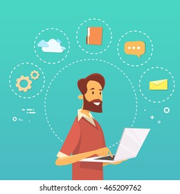 Casual Man Using Laptop Working Flat Vector Illustration