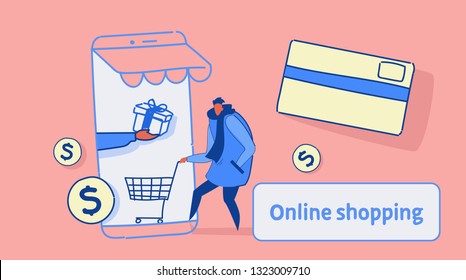 casual man using mobile application online market shopping concept customer holding trolley card smartphone screen sketch flow style full length horizontal