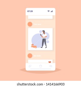 casual man walking with dog bearded guy using smartphone male person having fun with his animal pet best friend concept smartphone screen mobile app flat full length