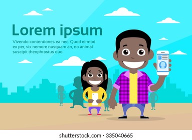 Casual Man and Woman Cartoon Couple African American Race People Character Using Cell Smart Phone Flat Vector Illustration
