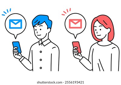 Casual man and woman receiving email on smartphone