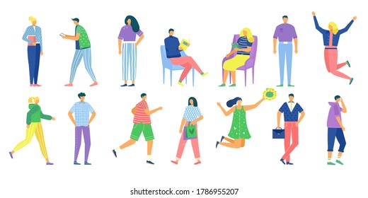 Casual man woman vector illustration set. Cartoon flat faceless people in casual clothes outfit standing, happy character jumping, reading book in chair. Casual lifestyle poses isolated on white