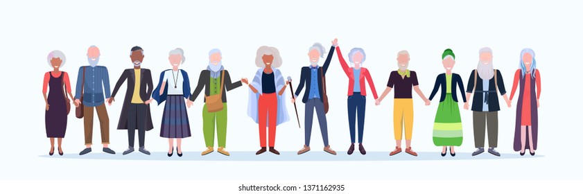 casual mature men women standing together smiling senior gray haired mix race people wearing trendy clothes male female cartoon characters full length flat white background horizontal