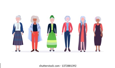 casual mature women standing together smiling mix race senior ladies wearing trendy clothes female cartoon characters full length flat white background horizontal