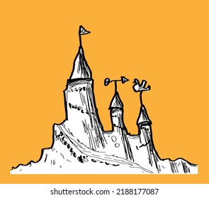 Casual Medieval castle which is toy, ancient, architectural construction of building. Hand drawn, doodle, childish, sketch style illustration.