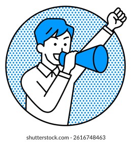 Casual men jumping out of a circle and cheering with a megaphone