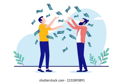Casual men making money - Two people throwing dollar bills in air and celebrating profits. Flat design vector illustration with white background