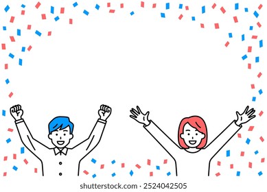 Casual men and women cheering in joy amid confetti