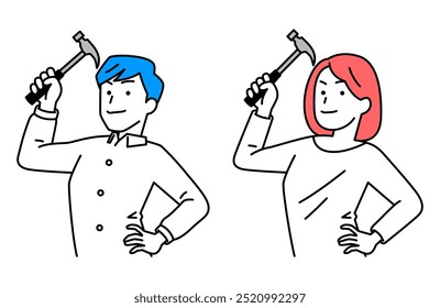 Casual men and women holding hammers set