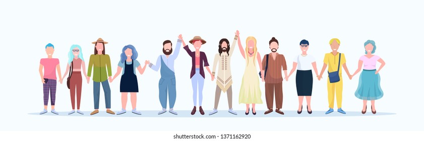 casual men women standing together smiling people with different hairstyles wearing trendy clothes male female cartoon characters full length flat white background horizontal