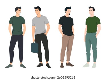 Casual Mens Outfit Set. A group of young men dressed in casual clothing, including t-shirts, shirts, and pants in neutral tones.