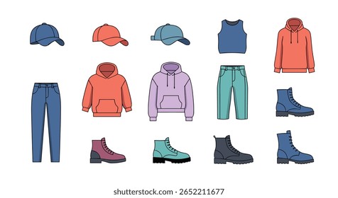 Casual Menswear Collection Featuring Hoodies Caps Jeans Boots and Vests for Stylish Outfits