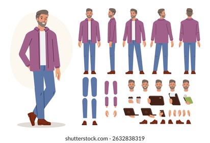 Homem de meia-idade casual com barba. Construtor de caracteres para animação. Vista frontal, lateral e traseira configuradas. Partes do corpo, posturas, posturas coleção. Ilustração vetorial.